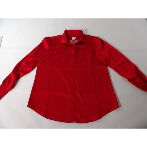 Chicos 0 Sz 4 Satin Blouse Red Solid Smocked Cuff Blouse Wild Poppy Button Up - Picture 9 of 14